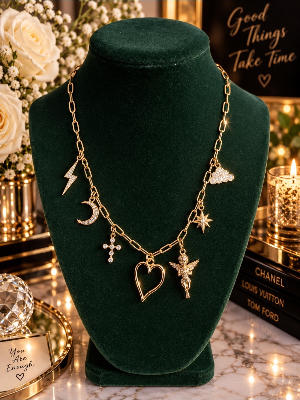 Gold Charm Paperclip Necklace with Heart and Angel Charms